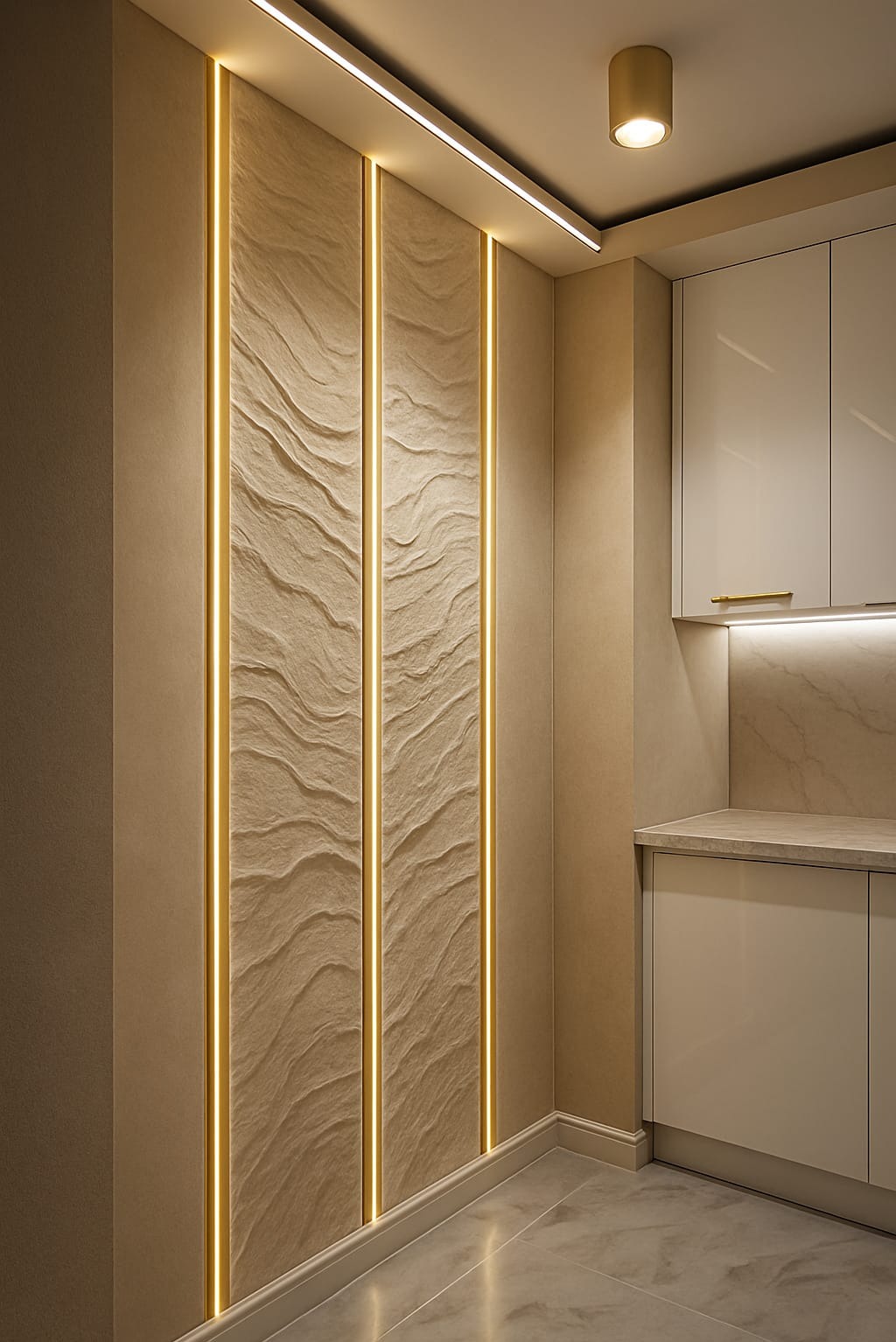 Beżowa ściana z panelami o falistej strukturze, podświetlonymi pionowymi listwami LED. W tle fragment zabudowy kuchennej w jasnych odcieniach. Nowoczesne wykończenie.