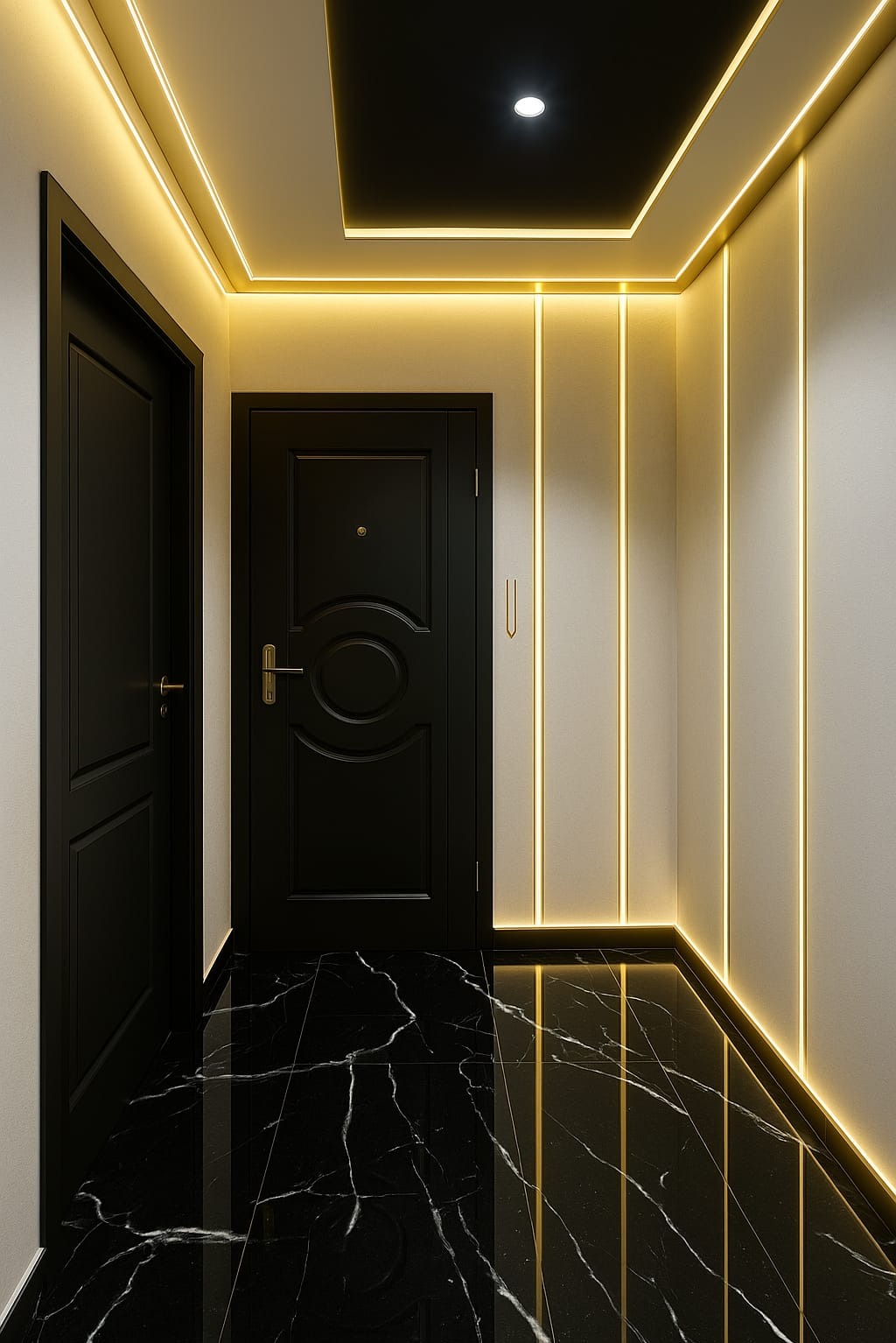 Elegancki przedpokój z czarną marmurową podłogą, oświetleniem LED na ścianach i suficie, oraz czarnymi drzwiami. Nowoczesny design z dbałością o detale.