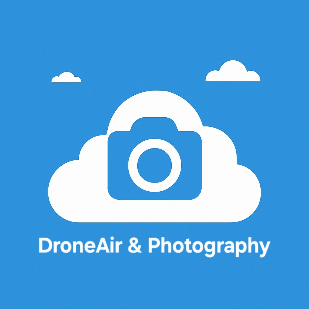 Logo firmy DroneAir & Photography: biała chmura, aparat w chmurze, napis na błękitnym tle. Grafika kojarzy się z fotografią lotniczą i wysoką jakością zdjęć.