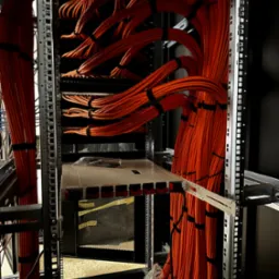 Pomarańczowe kable sieciowe ułożone w szafie rack, spięte czarnymi opaskami. Widoczny fragment serwera i metalowa konstrukcja szafy. Oświetlenie górne.