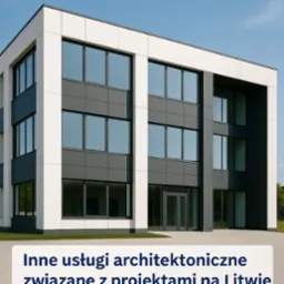 Nowoczesny budynek biurowy z elewacją w odcieniach szarości i bieli, duże okna odbijają niebo. Minimalistyczny design, równomierne oświetlenie, widok z poziomu chodnika.