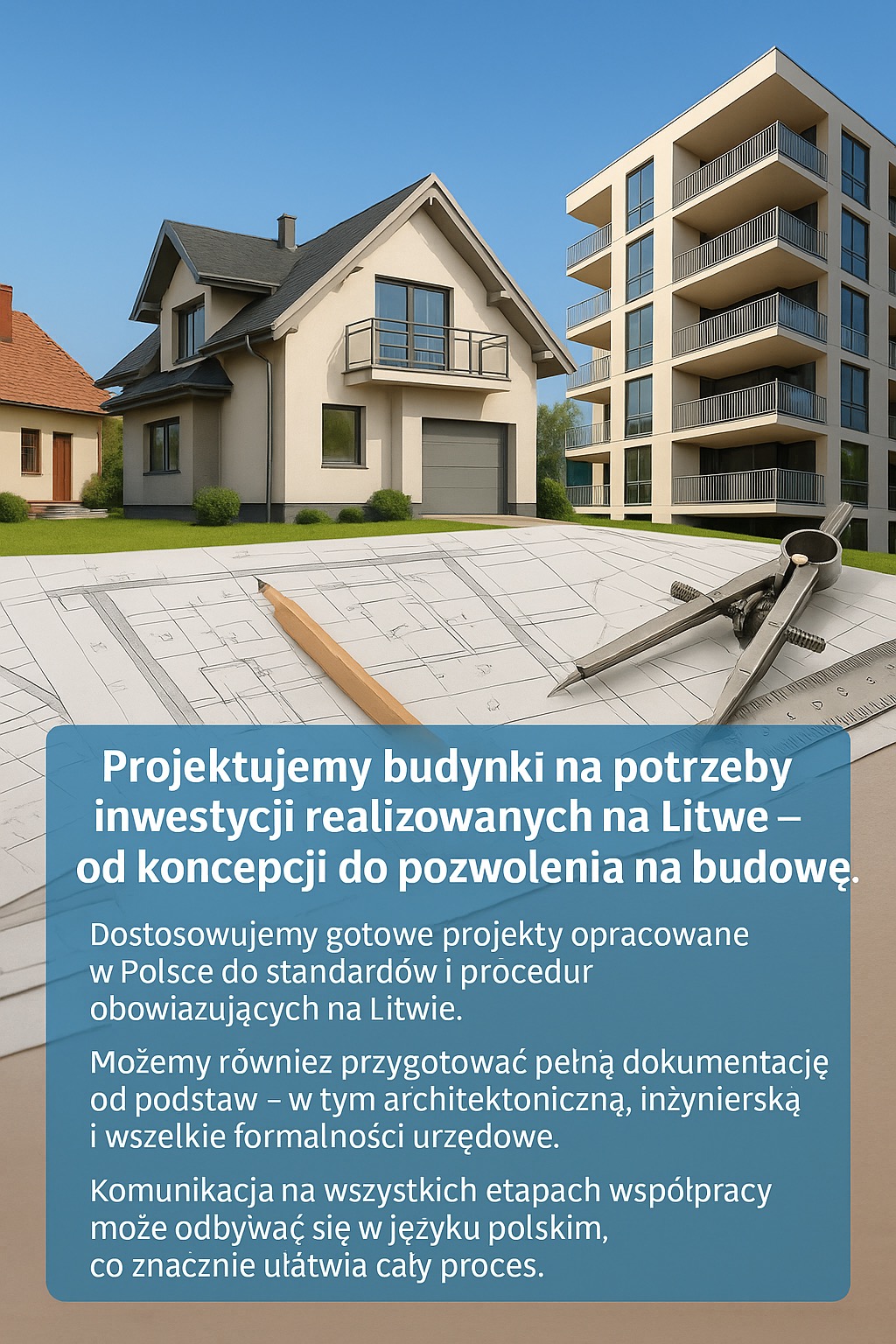 Projekt domu jednorodzinnego i budynku wielorodzinnego na planach architektonicznych z ołówkiem i cyrklem na tle błękitnego nieba.
