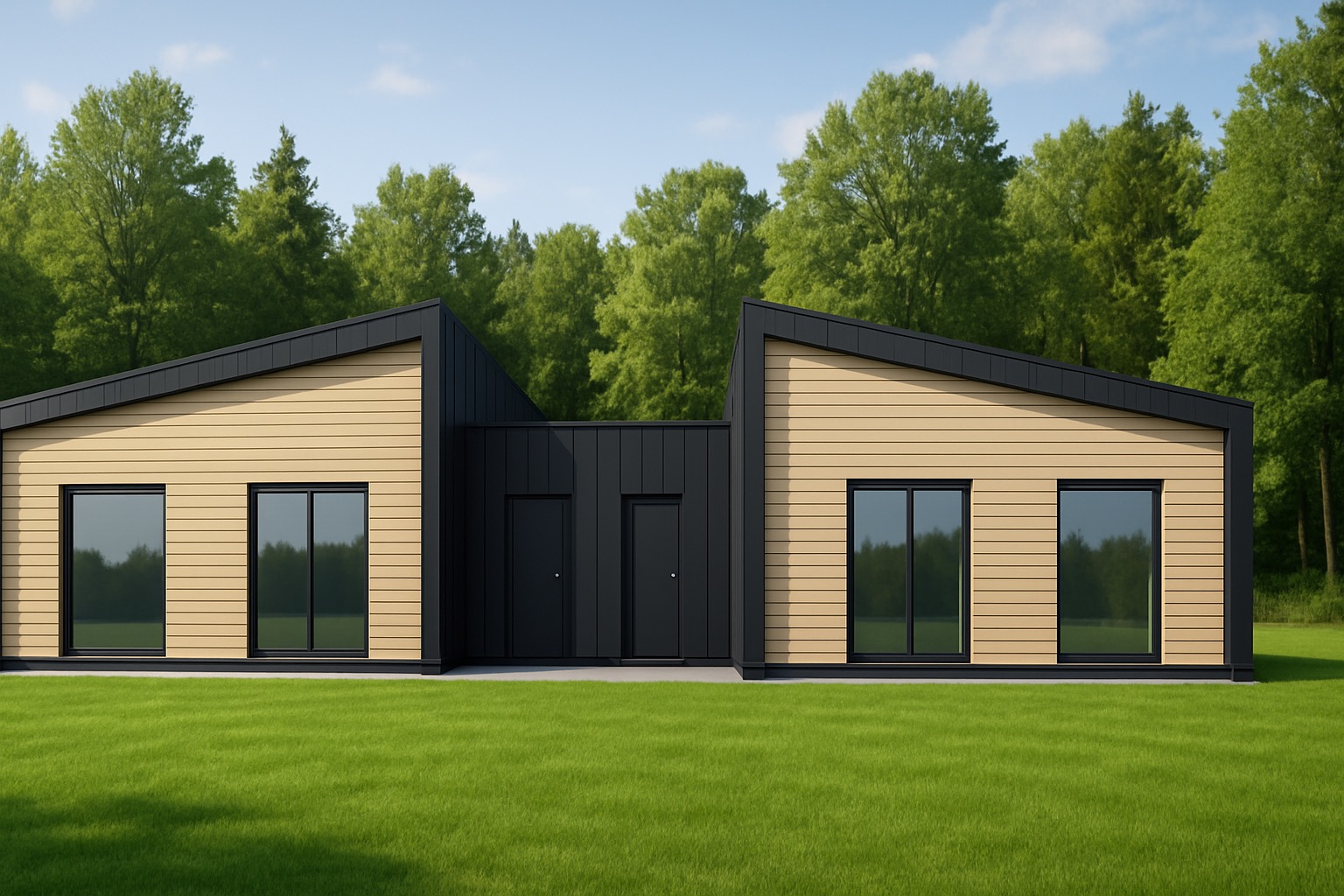 Nowoczesny dom modułowy z jasną elewacją i czarnymi akcentami, otoczony zielonym trawnikiem i drzewami. Minimalistyczny design z dużymi oknami przesuwnymi.