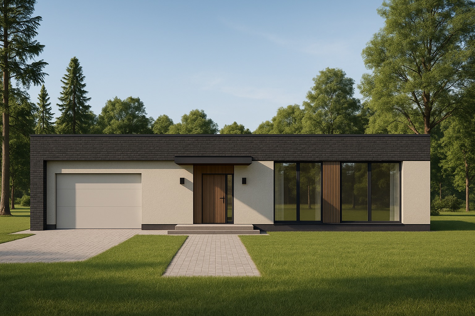 Nowoczesny dom parterowy z garażem, elewacja w odcieniach beżu i szarości, duże okna z drewnianymi panelami, otoczony zielenią. Minimalistyczny design, kostka brukowa.