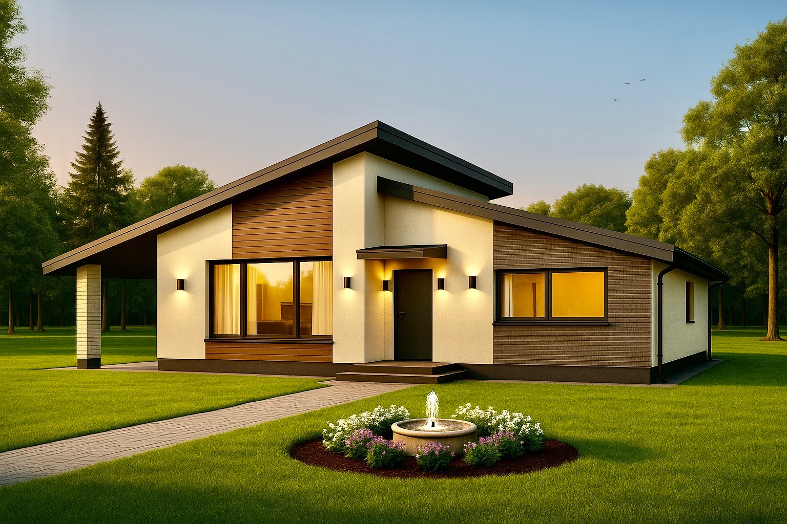Nowoczesny dom jednorodzinny z płaskim dachem i drewnianą elewacją, oświetlony ciepłym światłem, z fontanną na pierwszym planie i zielonym trawnikiem.