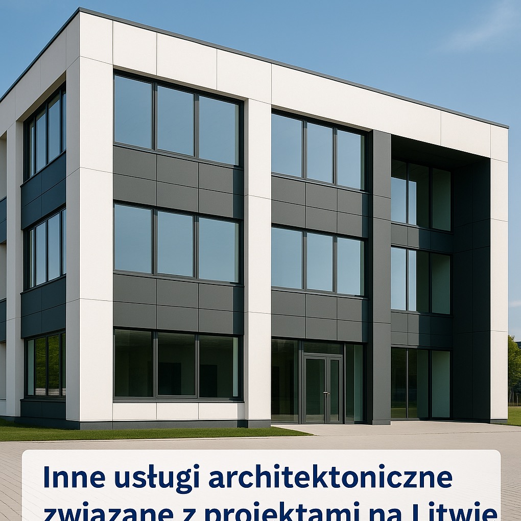 Nowoczesny budynek biurowy z elewacją w odcieniach szarości i bieli, duże okna odbijają niebo. Minimalistyczny design, równomierne oświetlenie, widok z poziomu chodnika.
