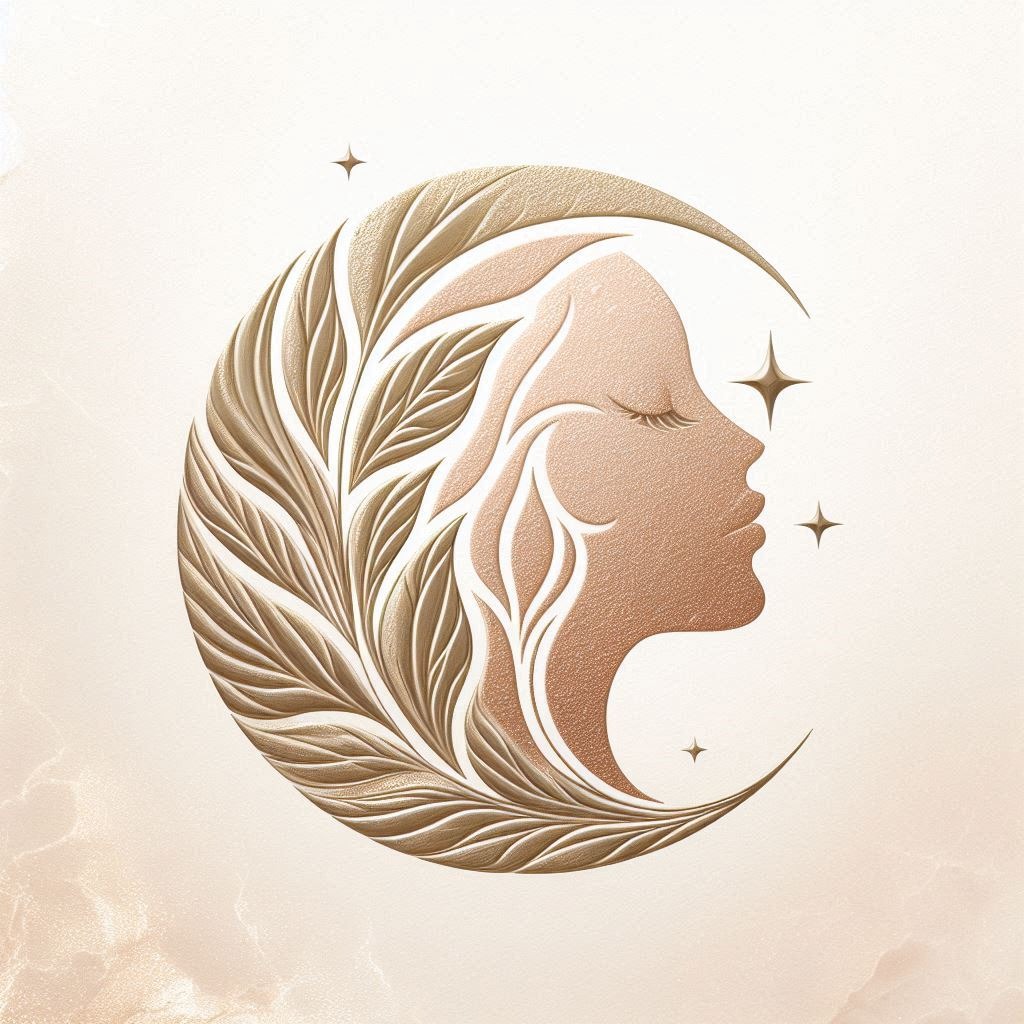 Elegancki, złoty profil kobiety wkomponowany w półksiężyc z liści, otoczony gwiazdami na beżowym tle. Subtelny, estetyczny projekt graficzny.