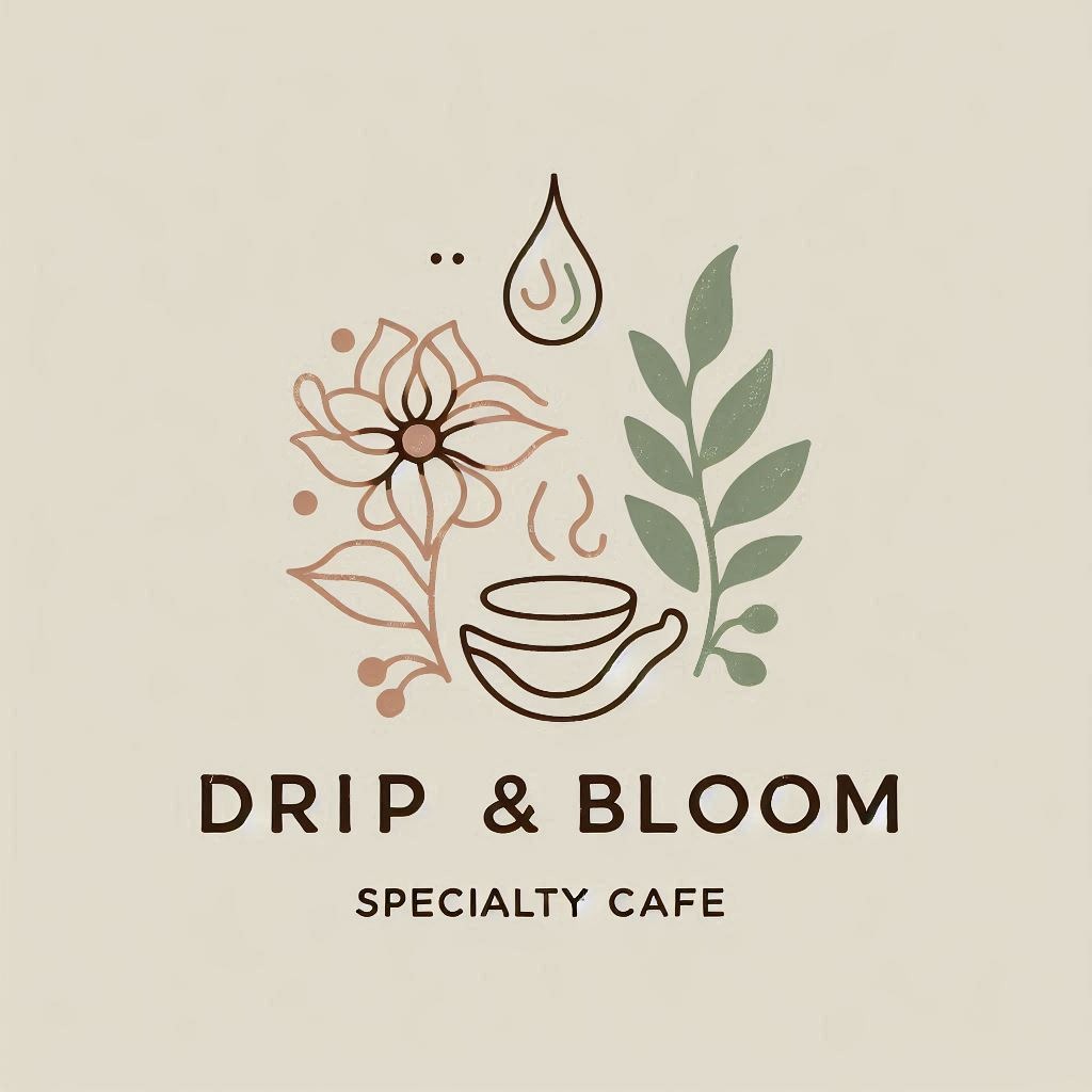 Elegancki logotyp kawiarni „Drip & Bloom” z motywami roślinnymi: kwiat, liście i filiżanka kawy. Subtelna kolorystyka i minimalistyczny design.