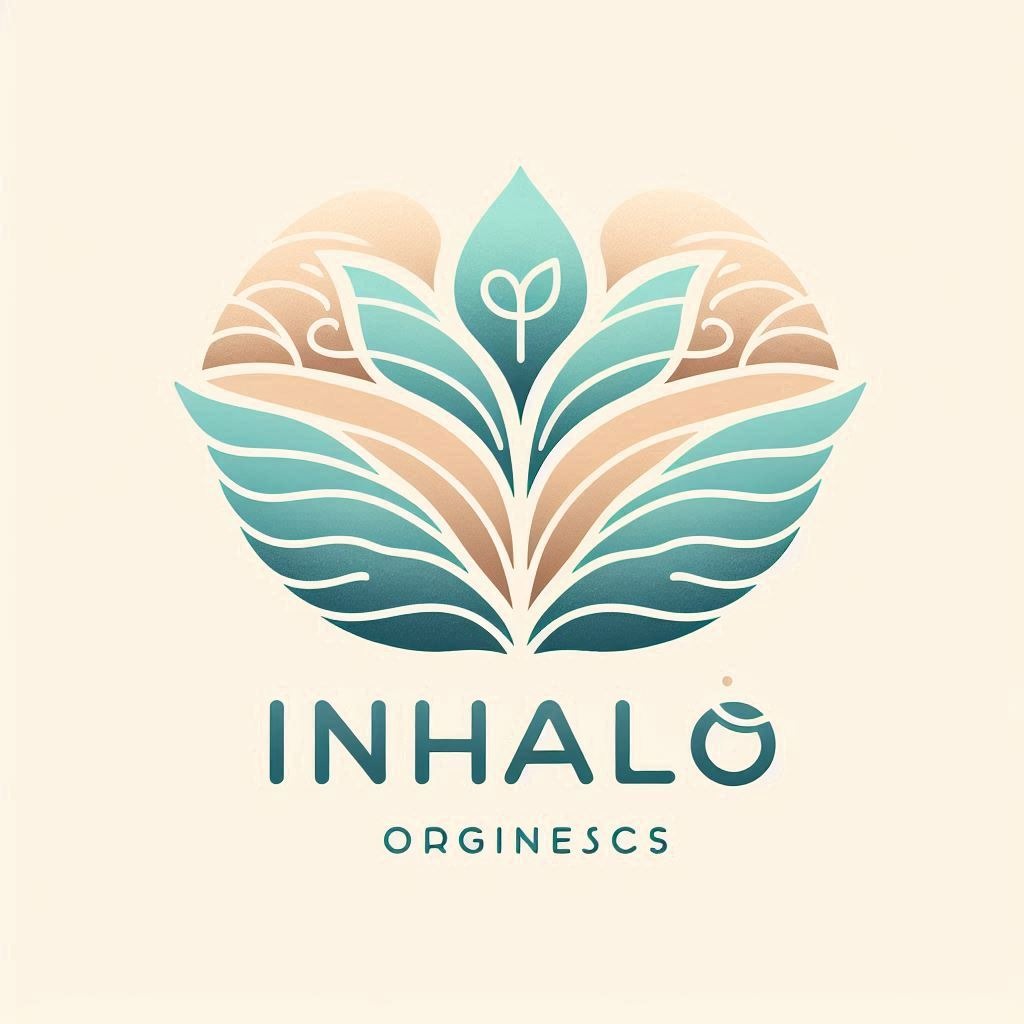 Delikatny, pastelowy logotyp marki 'Inhalo Orginescs' z motywem roślinnym w odcieniach beżu i turkusu, na jasnym tle. Minimalistyczny, elegancki design.