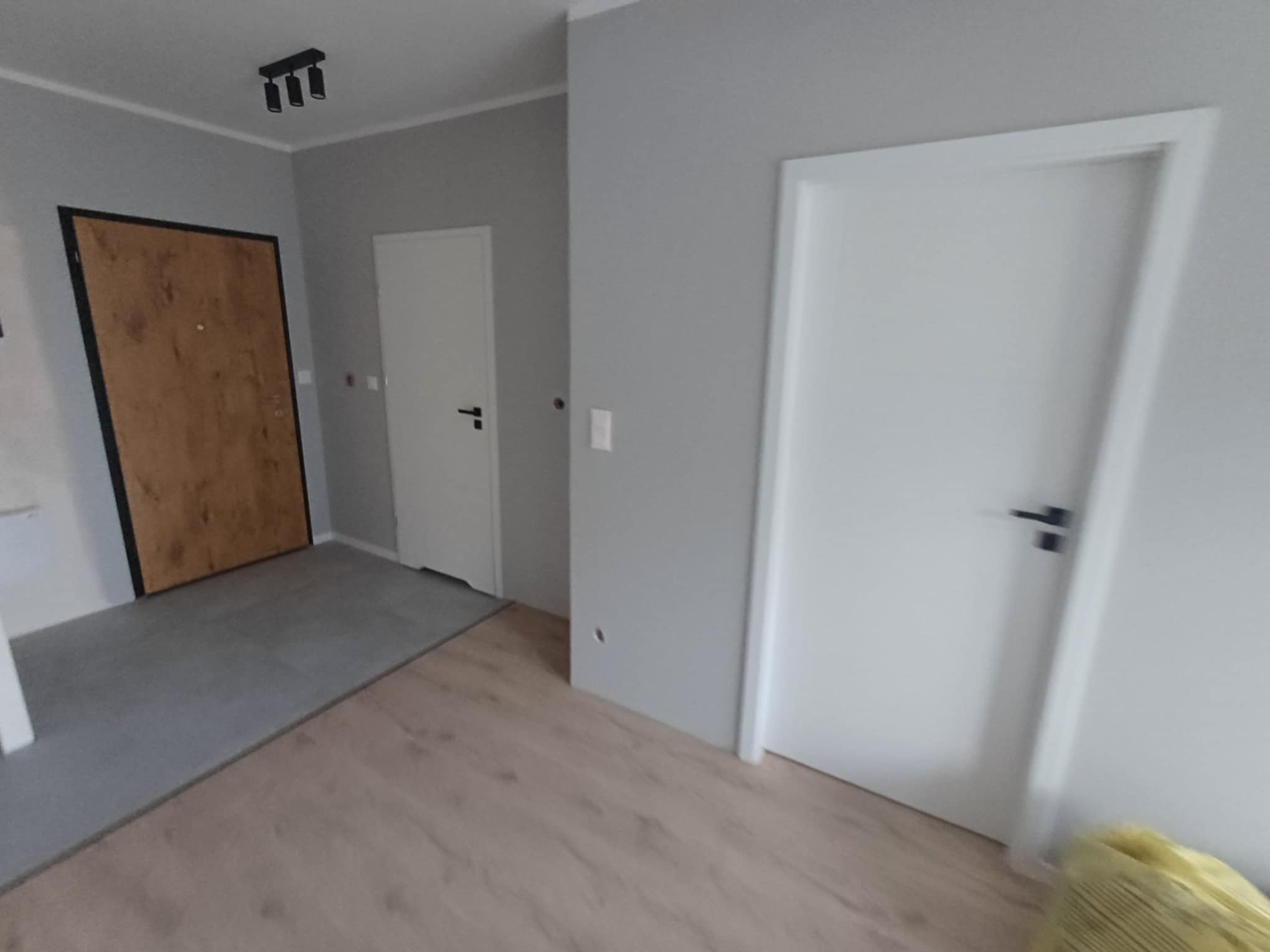 Wnętrze po remoncie: drewnopodobna podłoga, szara ściana, dwoje białych drzwi z czarnymi klamkami i ciemne drzwi z czarną ramą. Na suficie czarna lampa.