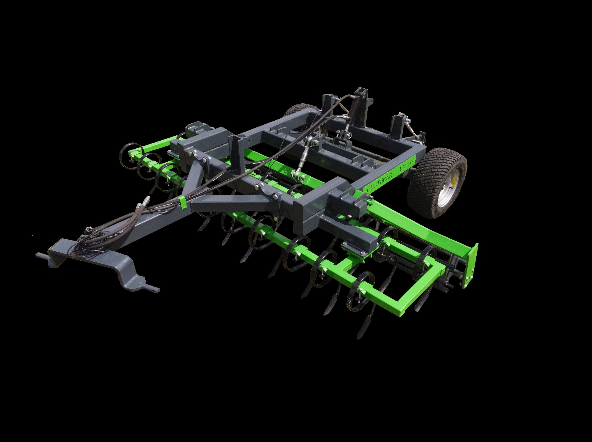 Szaro-zielony agregat uprawowy Ultimar U270 z kołem, widok z góry na czarnym tle. Metalowa konstrukcja z elementami hydraulicznymi i roboczymi.