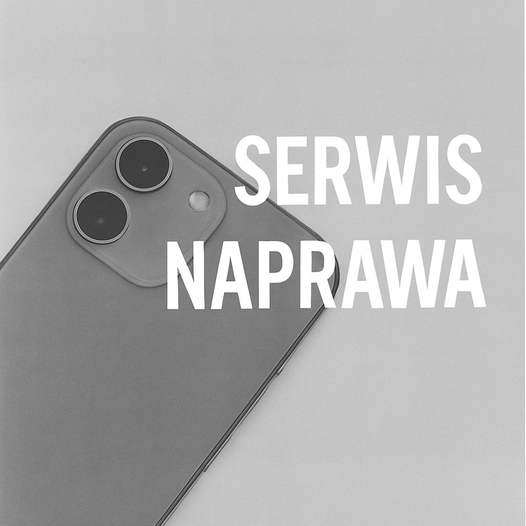 Smartfon z dwoma obiektywami w lewym górnym rogu, na którym widnieje napis 'SERWIS NAPRAWA' w kolorze białym. Zdjęcie w odcieniach szarości.