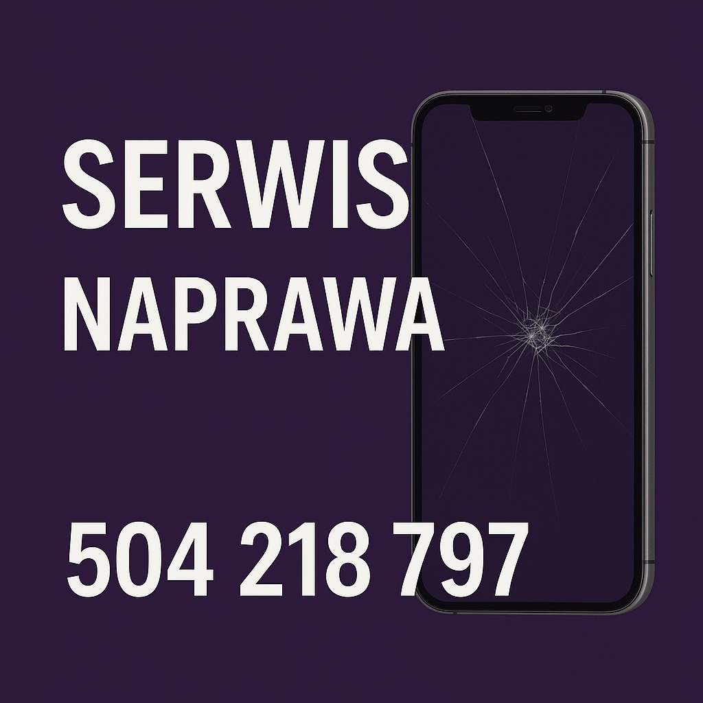 Grafika: Naprawa telefonu z pękniętym ekranem i numerem telefonu 504 218 797 na fioletowym tle. Uszkodzony smartfon, serwis GSM.