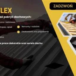 Reklama firmy dekarskiej Dach Flex z ofertą montażu pokryć dachowych: dachówki ceramicznej, blachodachówki, gontów, papy. Widoczny dekarz podczas pracy i fragment gotowego dachu.