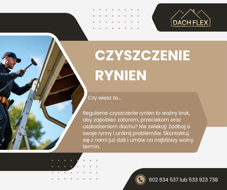 Mężczyzna w czarnym kombinezonie czyści rynnę z drabiny za pomocą specjalnej szczotki. Na grafice tekst informujący o usłudze czyszczenia rynien i dane kontaktowe.