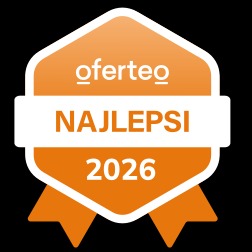 Pomarańczowa odznaka Oferteo 'Najlepsi 2026' na czarnym tle. Grafika z napisem 'Oferteo' i rokiem 2026, symbolizująca wyróżnienie w branży.