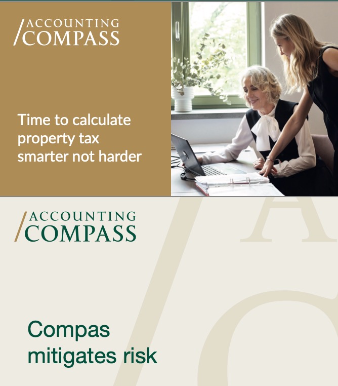 Dwie kobiety przy biurku z laptopem, analizujące dokumenty. Logo Accounting Compass. Tekst: Time to calculate property tax smarter not harder.