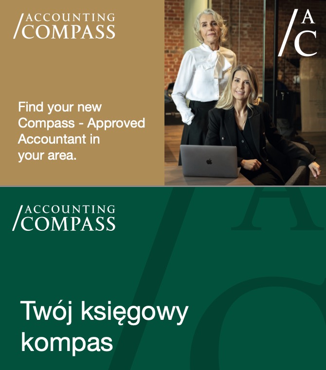 Dwie kobiety, blondynka i siwowłosa, w eleganckich strojach, siedzą za biurkiem z laptopem. W tle ceglana ściana i logo Accounting Compass.