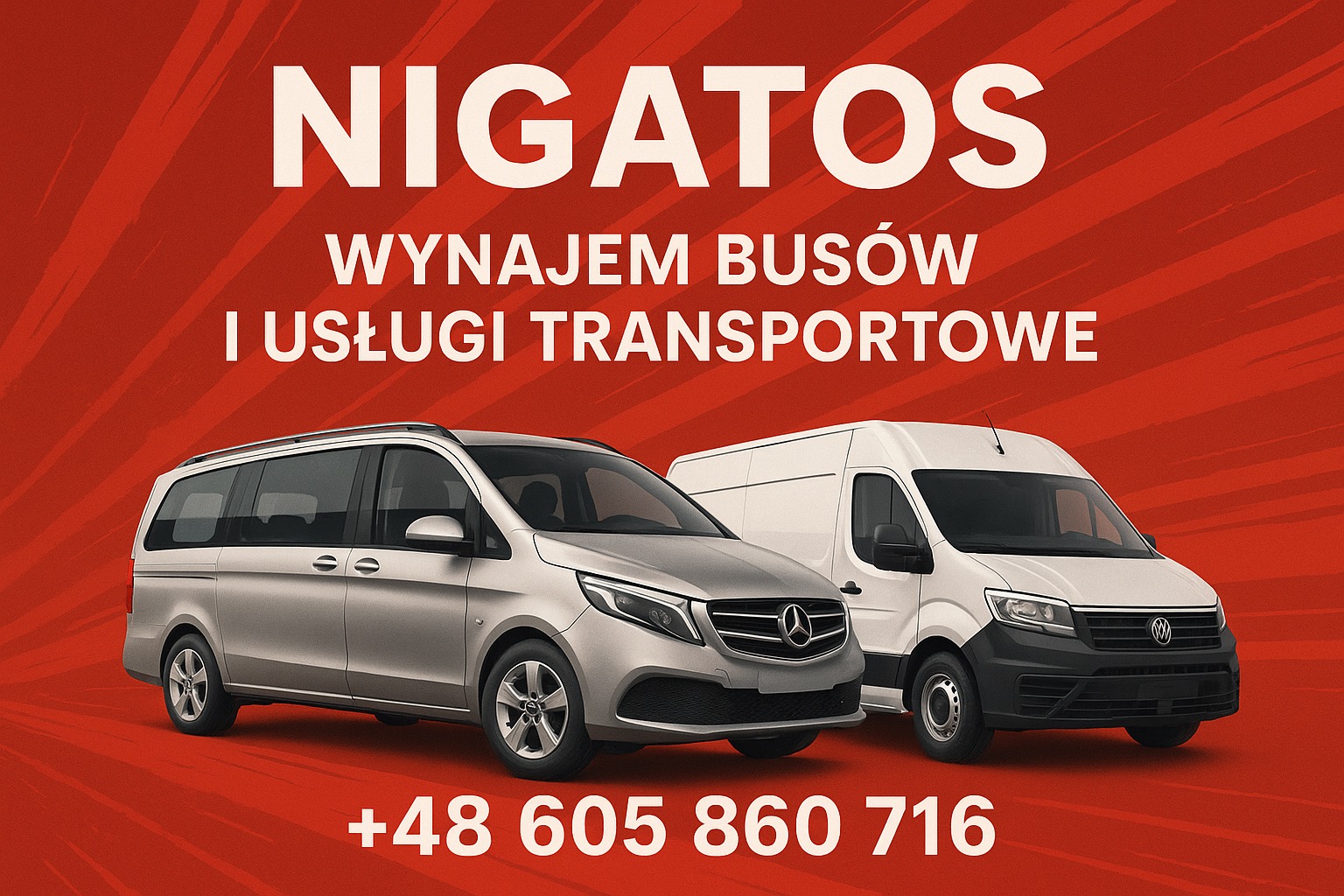 Dwa busy: srebrny Mercedes V-klasy i biały Volkswagen, na czerwonym tle z tekstem 'Wynajem busów i usługi transportowe' oraz numerem telefonu.