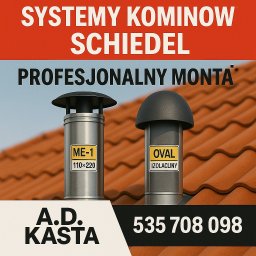 A.D.KASTA - Dwa systemy kominowe Schiedel (ME-1 i OVAL) na dachu z dachówki ceramicznej. Widoczne logo firmy A.D. Kasta i numer telefonu. Profesjonalny montaż.