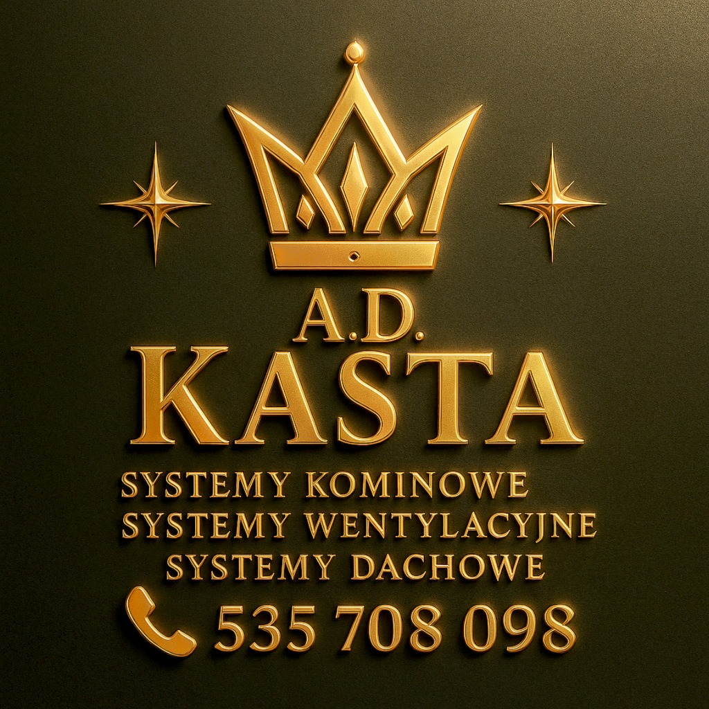 Złoty logotyp firmy A.D. KASTA z koroną, gwiazdami i numerem telefonu na ciemnym tle. Napisy: systemy kominowe, wentylacyjne i dachowe.