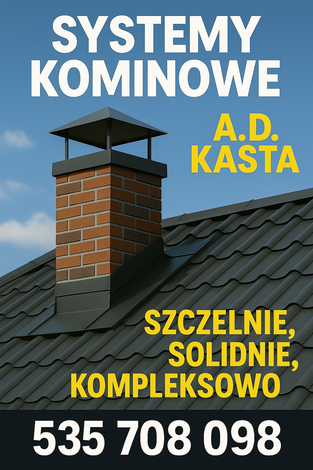 Reklama systemów kominowych A.D. Kasta na tle dachu z ciemnej blachy i błękitnego nieba. Widoczny komin z cegły i hasła: szczelnie, solidnie, kompleksowo.