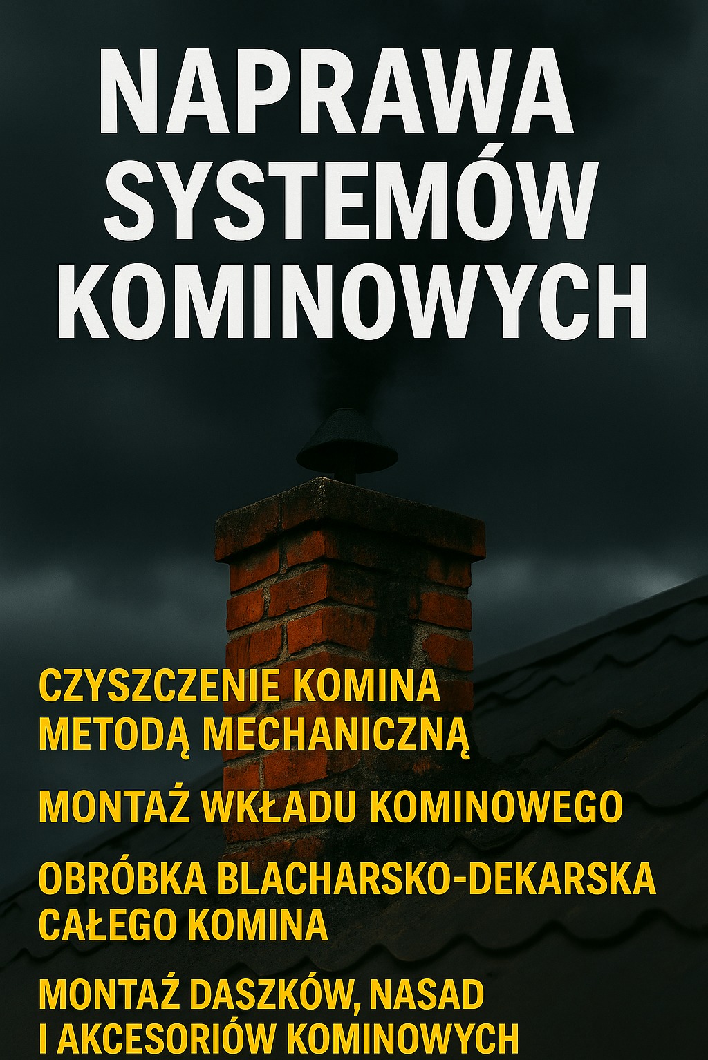 Grafika reklamowa: komin z cegły na tle dachu, usługi naprawy systemów kominowych, czyszczenie mechaniczne, montaż wkładu, obróbki blacharskie, montaż daszków i akcesoriów.