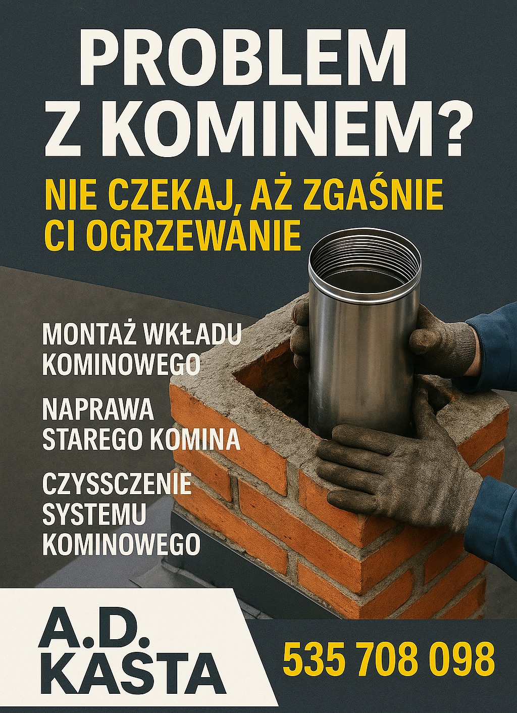 Montaż wkładu kominowego: ręce w rękawicach wkładają stalowy wkład do komina z cegły. Reklama usług kominiarskich z hasłem i danymi kontaktowymi.