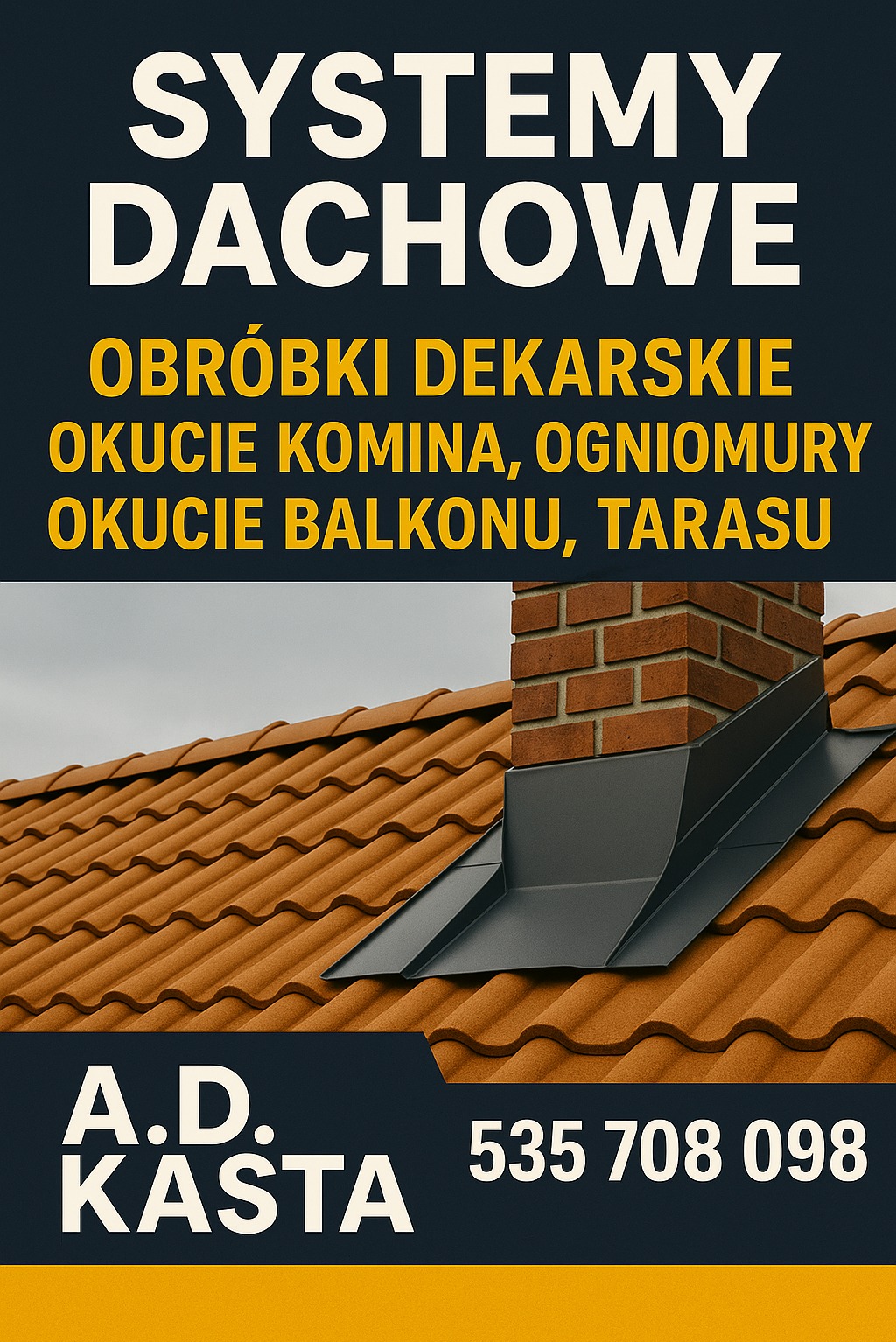 Dach z brązową dachówką ceramiczną i czarną obróbką komina. Widoczny mur z cegły i fragment reklamy firmy dekarskiej.