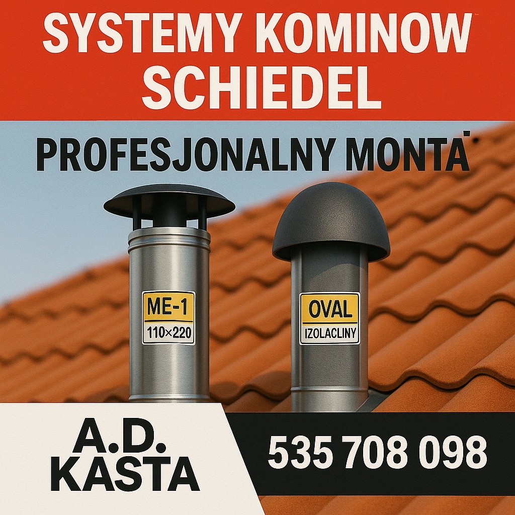 Dwa systemy kominowe Schiedel (ME-1 i OVAL) na dachu z dachówki ceramicznej. Widoczne logo firmy A.D. Kasta i numer telefonu. Profesjonalny montaż.
