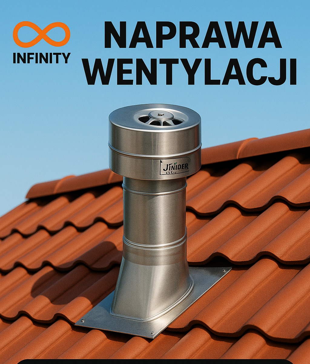 Metalowy kominek wentylacyjny marki Jinider na dachu z czerwonej dachówki karpiówki. Błękitne niebo w tle. Widoczny napis 'Naprawa wentylacji'.