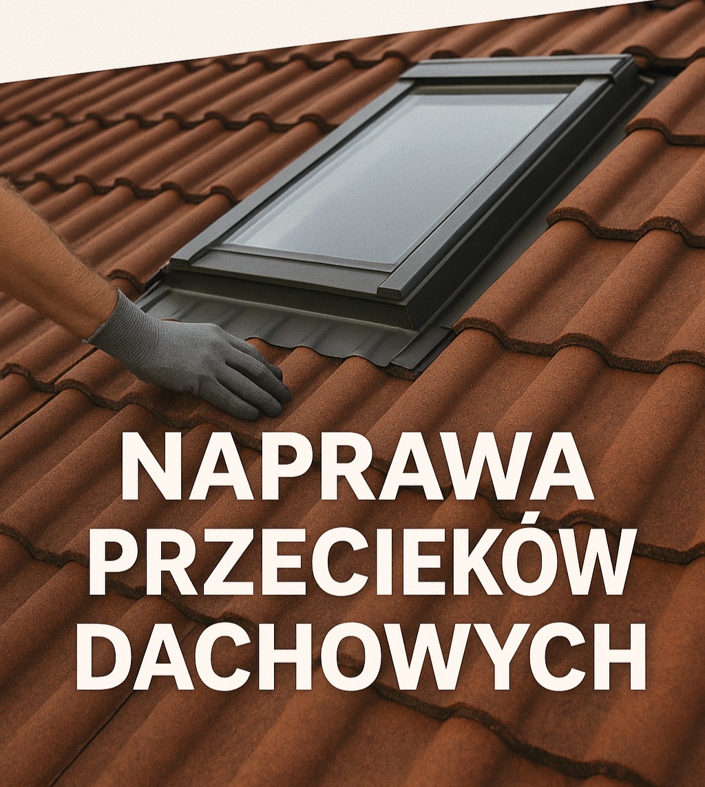 Dachówka ceramiczna z oknem dachowym, ręka w szarej rękawicy. Naprawa dachu z bliska, widoczne detale mocowania okna. Czerwono-brązowa kolorystyka.
