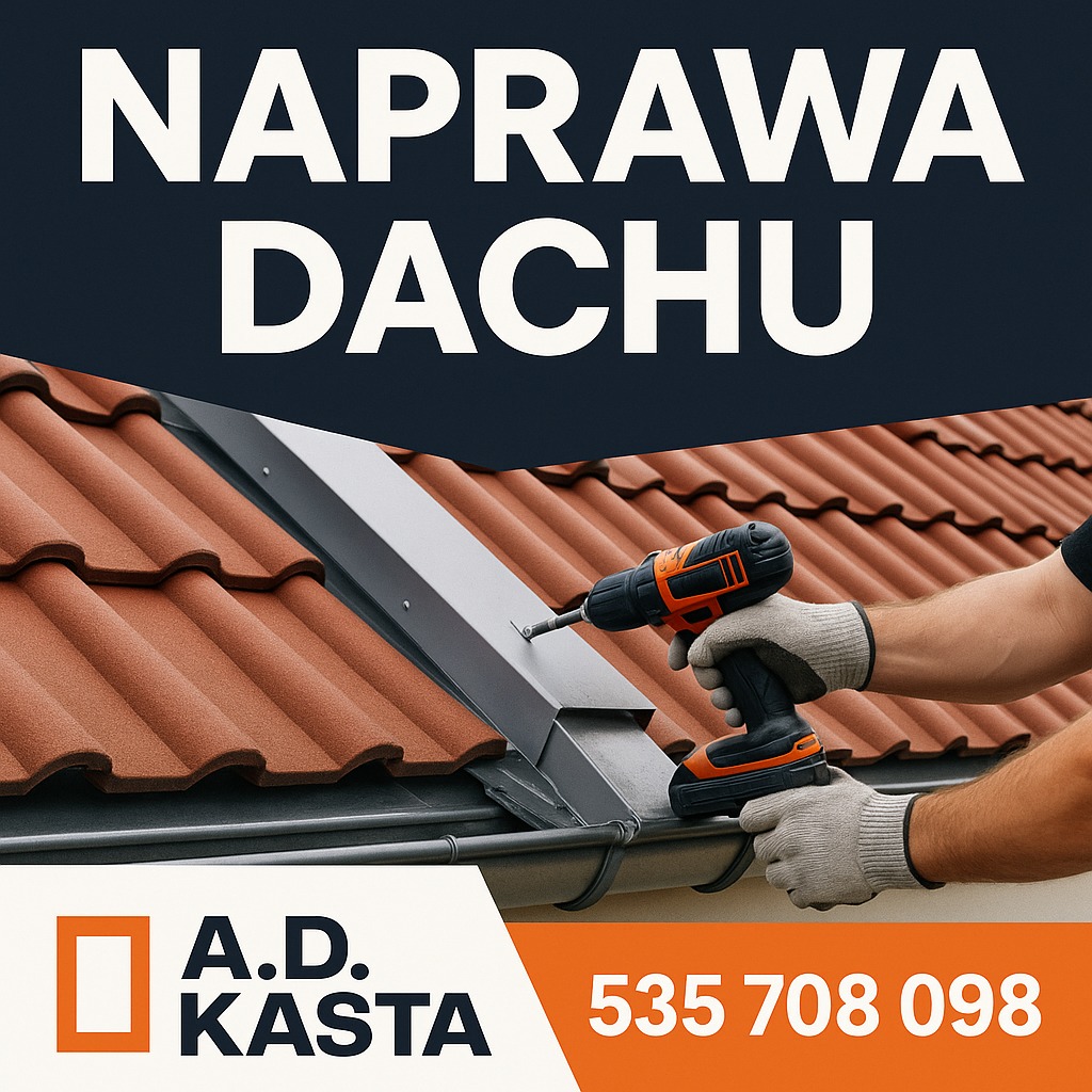 Montaż obróbki blacharskiej dachu z czerwoną dachówką. W tle napis: Naprawa dachu. Wiertarko-wkrętarka w dłoniach w rękawicach. Widoczny fragment rynny.