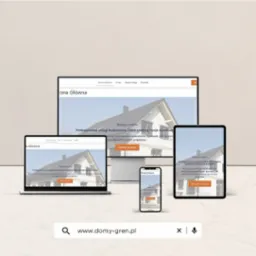 Responsywna strona WWW 'domy-gren.pl' na laptopie, tablecie, smartfonie i monitorze. Prezentacja strony z ofertą usług budowlanych w różnych rozdzielczościach.