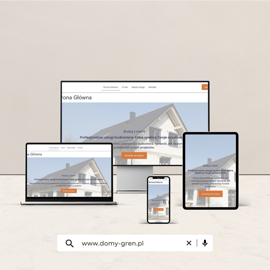 Responsywna strona WWW 'domy-gren.pl' na laptopie, tablecie, smartfonie i monitorze. Prezentacja strony z ofertą usług budowlanych w różnych rozdzielczościach.