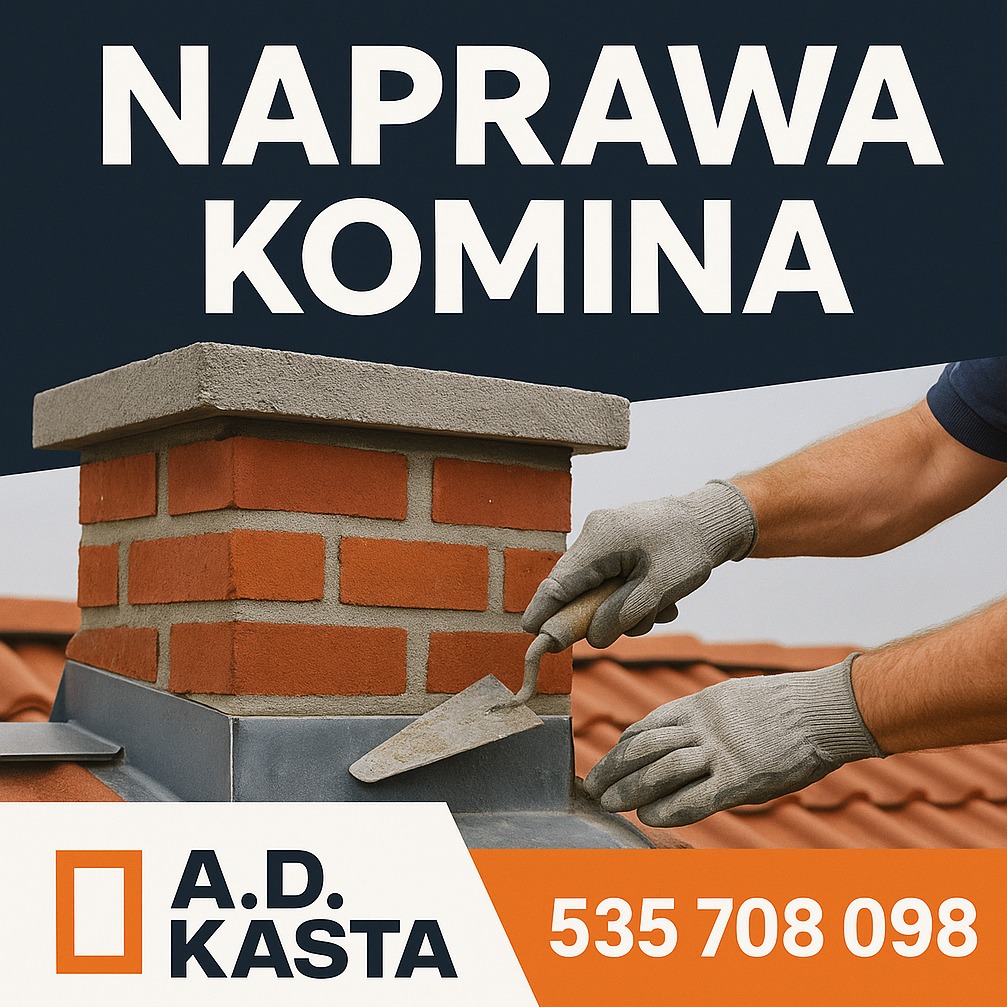 Murarz naprawia komin z cegły na dachu, używając kielni. Widoczne rękawice robocze, dachówka i logo firmy A.D. Kasta z numerem telefonu.