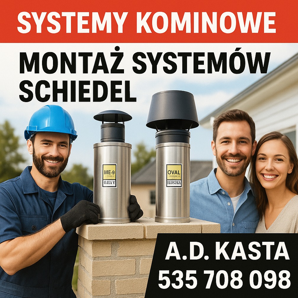 Montaż systemów kominowych Schiedel: pracownik w kasku prezentuje kominy ME-9 i OVAL na tle domu i uśmiechniętej pary. Widoczne logo i numer telefonu firmy A.D. Kasta.