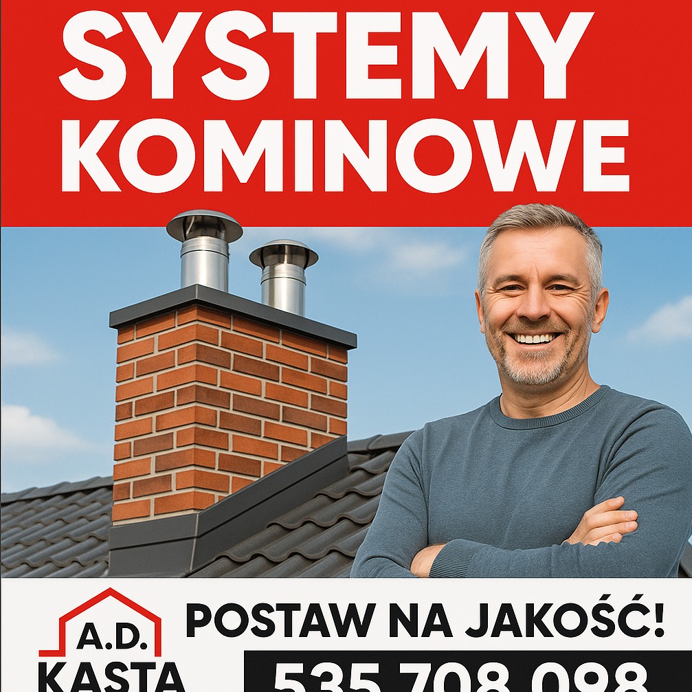 Reklama systemów kominowych z ceglanym kominem na dachu, uśmiechniętym mężczyzną i hasłem 'Postaw na jakość!'. Numer telefonu widoczny.