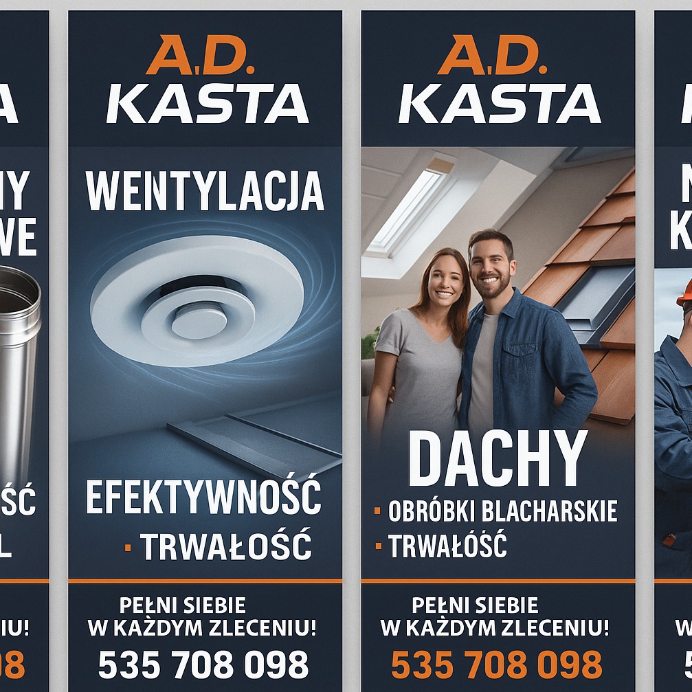 Baner reklamowy A.D. Kasta: wentylacja z okrągłym nawiewnikiem sufitowym, dachy z parą na tle dachówki. Efektywność i trwałość. Numer telefonu.