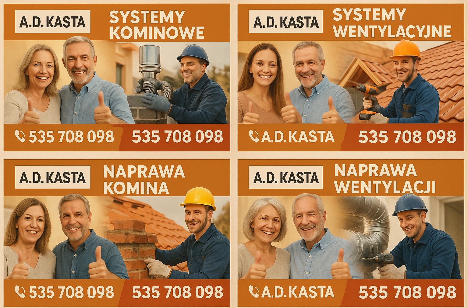 Reklama firmy A.D. KASTA: systemy kominowe i wentylacyjne, naprawa kominów i wentylacji. Uśmiechnięci klienci dają kciuk w górę, obok pracownik w kasku podczas pracy.