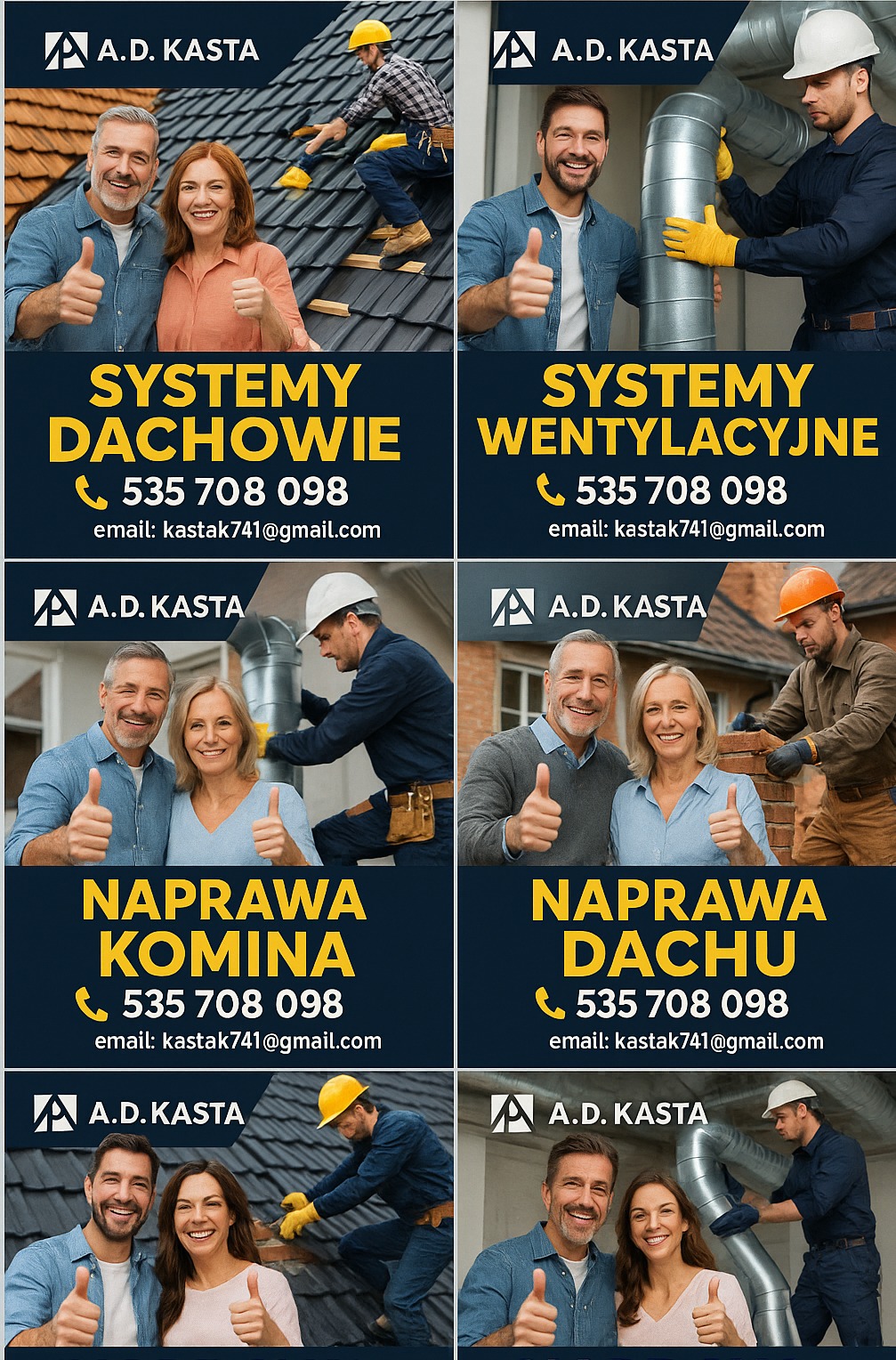 Systemy dachowe i wentylacyjne, naprawa komina i dachu - kolaż reklamowy firmy A.D. Kasta z numerem telefonu i adresem e-mail.
