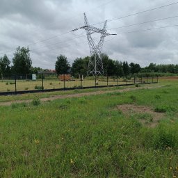 JARCZAR - Czarny panelowy płot na tle łąki i słupa wysokiego napięcia. Widoczne drzewa i zabudowania w oddali. Pochmurne niebo.