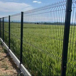 JARCZAR - Ciemne panele ogrodzeniowe z podmurówką na tle zielonego pola i błękitnego nieba. Widok z perspektywy, ukazujący długość ogrodzenia.