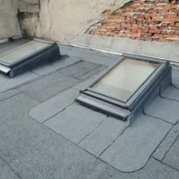 Dwa okna dachowe na płaskim dachu pokrytym papą, z widocznym murem z cegły w tle. Detal łączenia papy wokół okien.