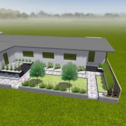 Wizualizacja ogrodu przy nowoczesnym domu z trawnikiem, ścieżką z kostki, rabatami z kwiatami i drzewami. Widok z góry, podkreślający geometryczny układ przestrzeni.