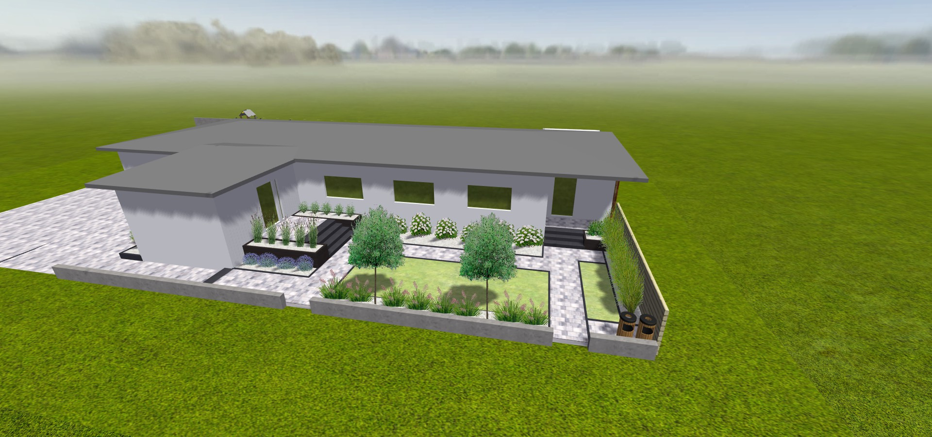 Wizualizacja ogrodu przy nowoczesnym domu z trawnikiem, ścieżką z kostki, rabatami z kwiatami i drzewami. Widok z góry, podkreślający geometryczny układ przestrzeni.