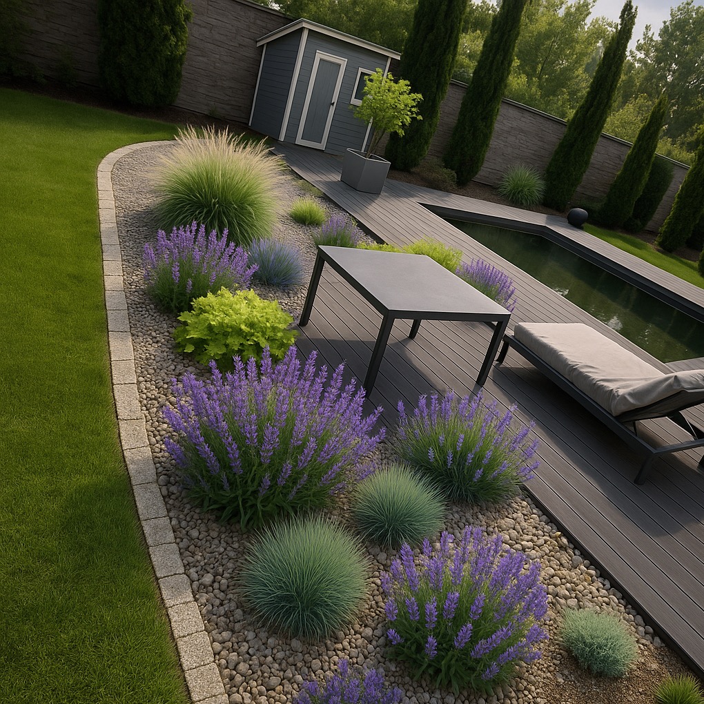 Urokliwy ogród z kwitnącą lawendą i ozdobnymi trawami, otoczony kamiennym obrzeżem. W tle minimalistyczna altana i basen z leżakiem.