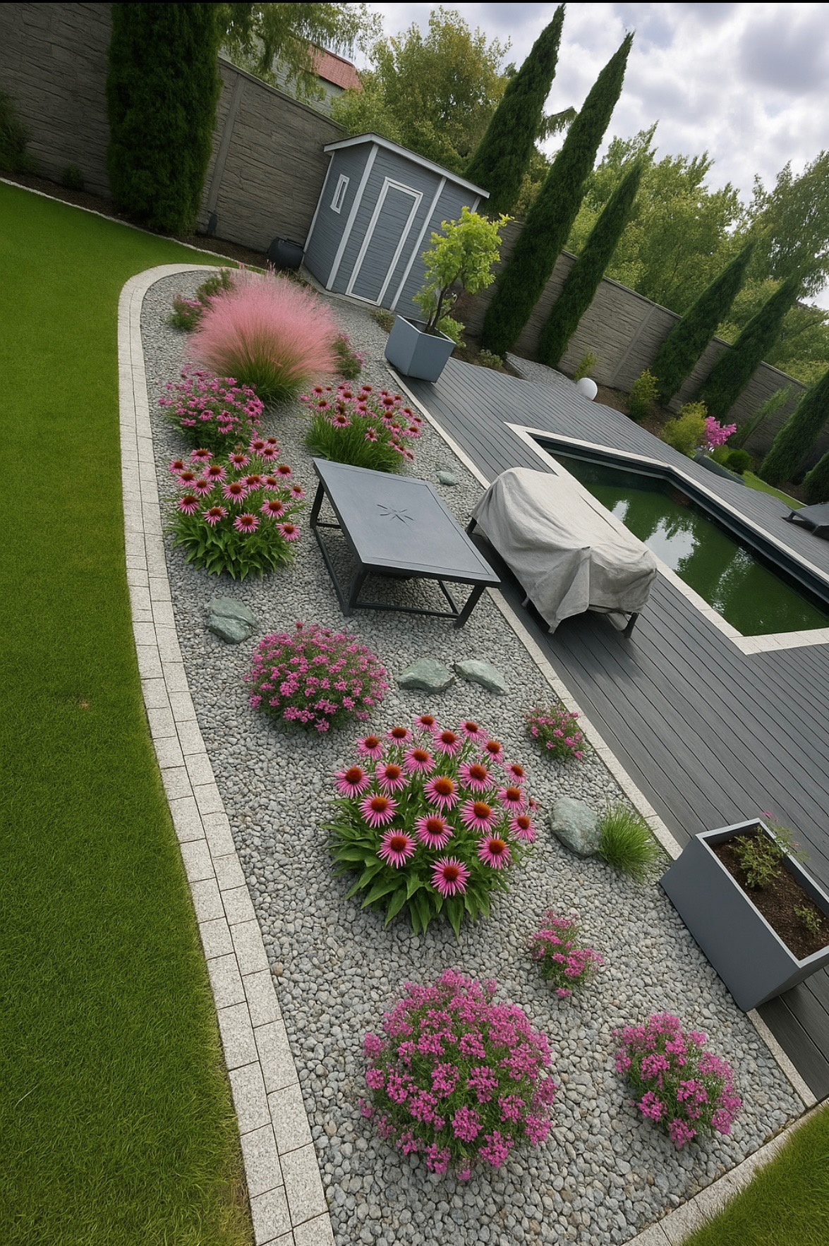 Ujęcie z góry na elegancki ogród z rabatami kwiatowymi, szarą żwirową nawierzchnią, kamiennymi obrzeżami i basenem z drewnianym tarasem. W tle domek narzędziowy.