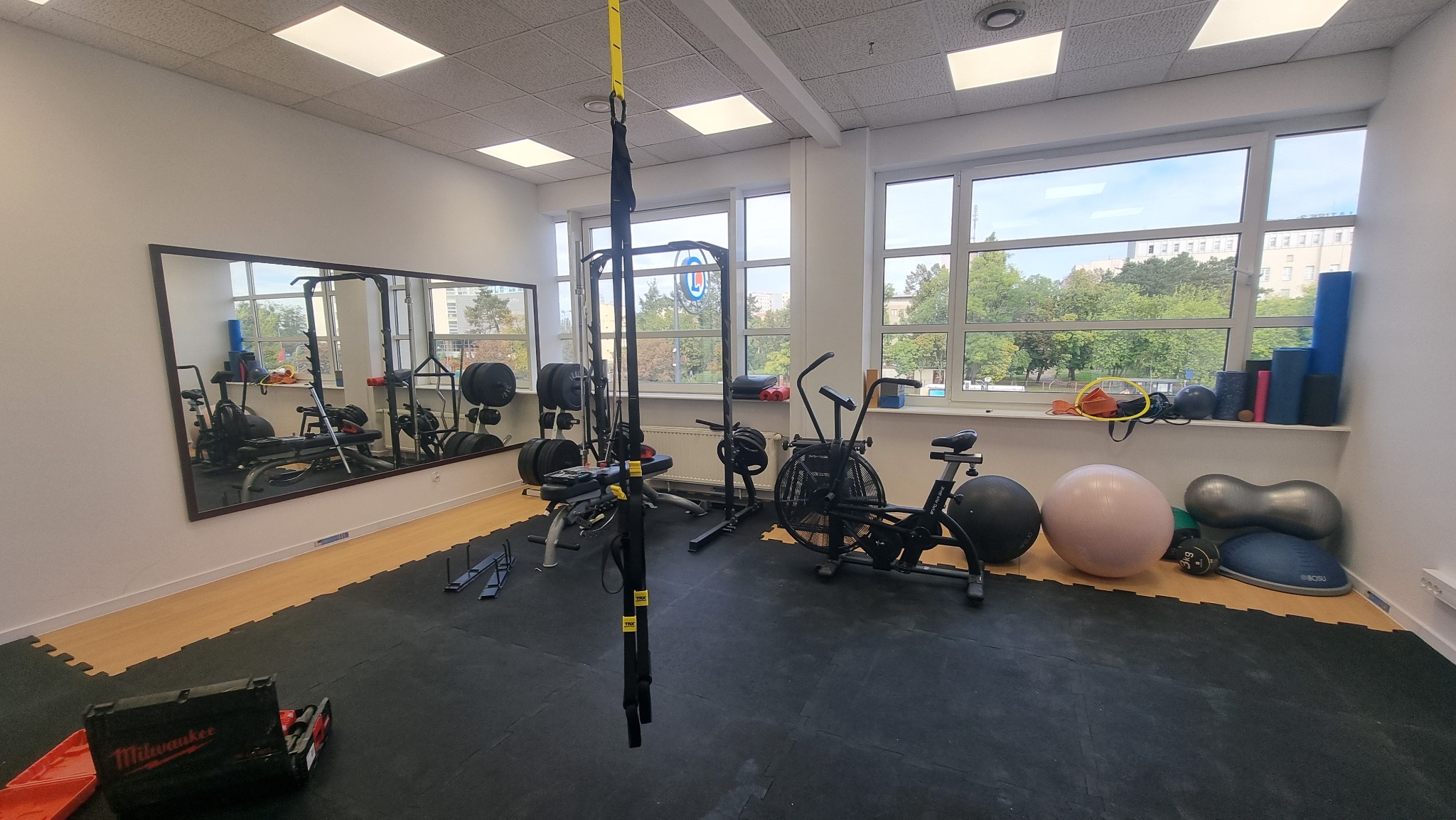 Jasne wnętrze siłowni z lustrem, sprzętem do ćwiczeń siłowych i cardio, oraz akcesoriami do fitness. Widoczne okna z widokiem na zieleń.