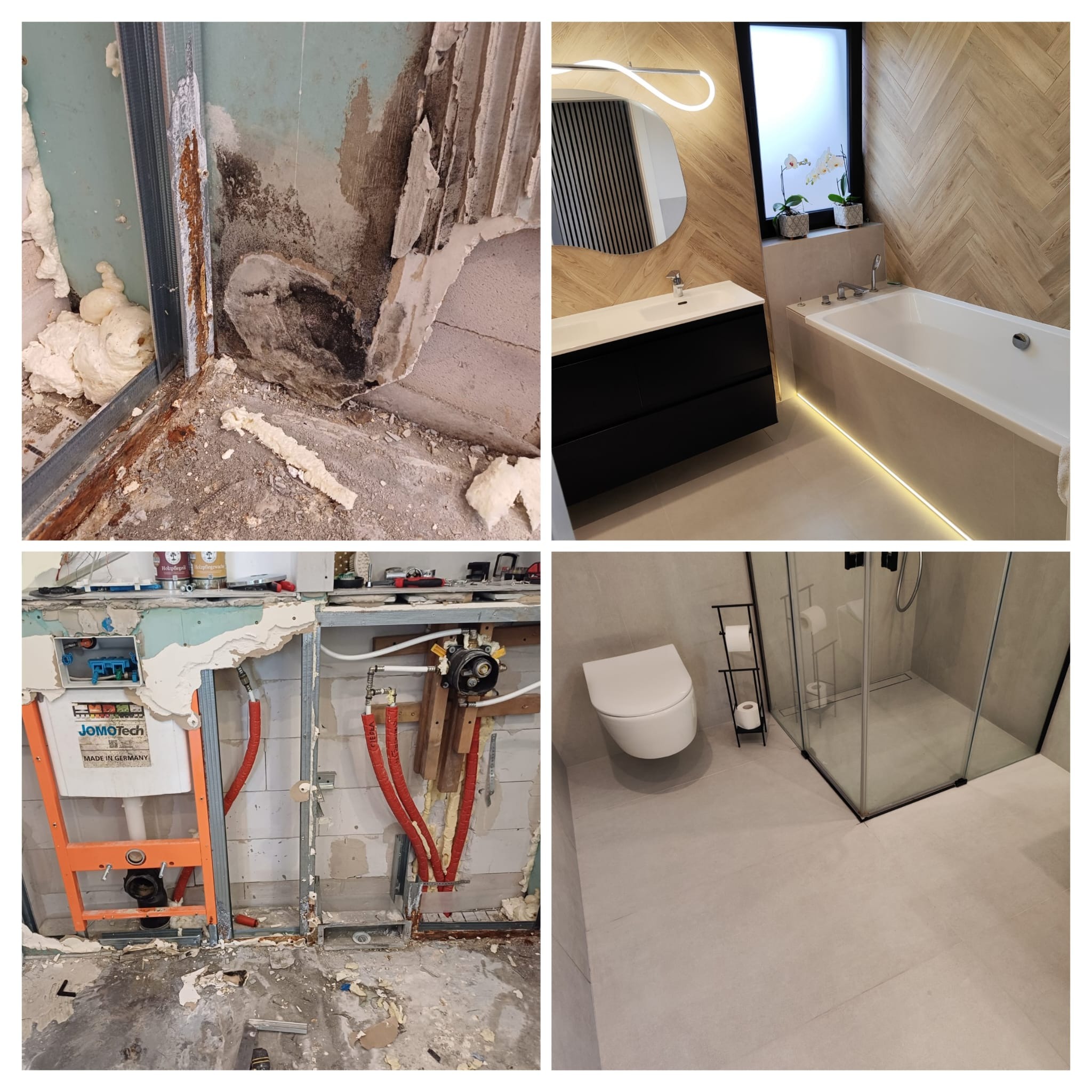 Mozaika zdjęć: etap demontażu, instalacja sanitarna, wykończona łazienka z wanną, toaletą i kabiną prysznicową. Widoczne detale wykończenia i instalacji.